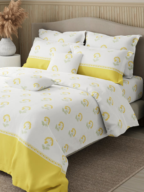 Royal Essence 100% Cotton 400 TC Yellow & White Floral King Bedsheet with 4 Pillow Covers & 2 Cushion Covers