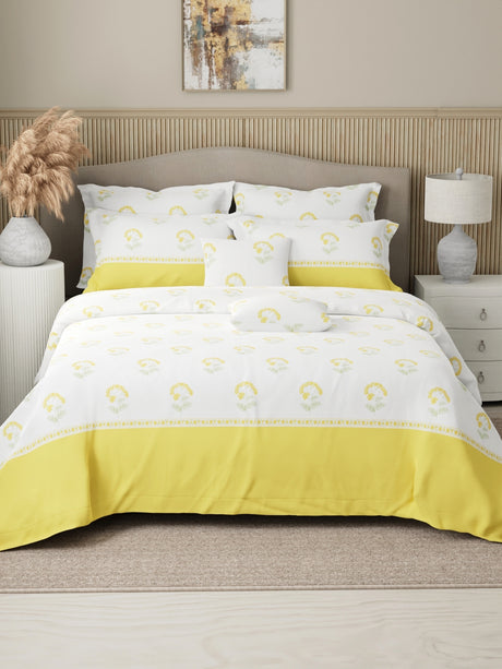 Royal Essence 100% Cotton 400 TC Yellow & White Floral King Bedsheet with 4 Pillow Covers & 2 Cushion Covers