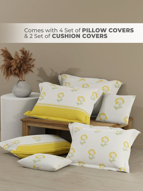 Royal Essence 100% Cotton 400 TC Yellow & White Floral King Bedsheet with 4 Pillow Covers & 2 Cushion Covers