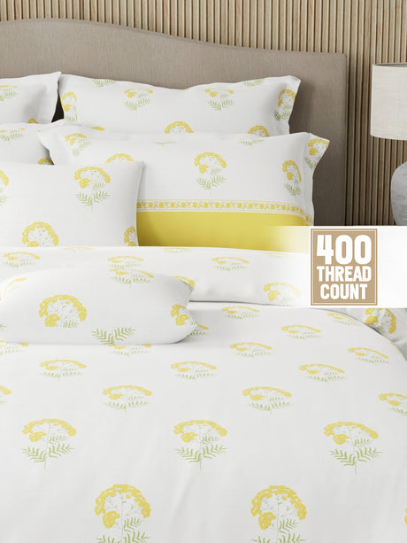 Royal Essence 100% Cotton 400 TC Yellow & White Floral King Bedsheet with 4 Pillow Covers & 2 Cushion Covers