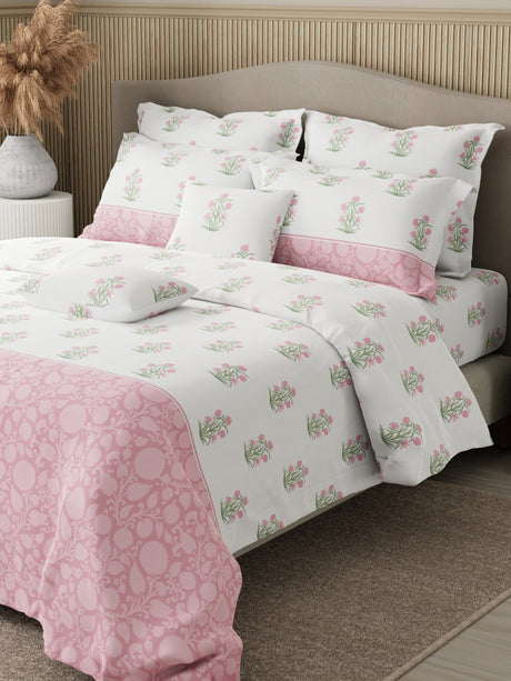 Royal Essence 100% Cotton 400 TC Pink & White Floral King Bedsheet with 4 Pillow Covers & 2 Cushion Covers