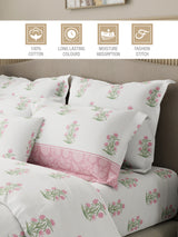 Royal Essence 100% Cotton 400 TC Pink & White Floral King Bedsheet with 4 Pillow Covers & 2 Cushion Covers