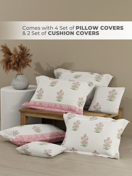 Royal Essence 100% Cotton 400 TC Pink & White Floral King Bedsheet with 4 Pillow Covers & 2 Cushion Covers
