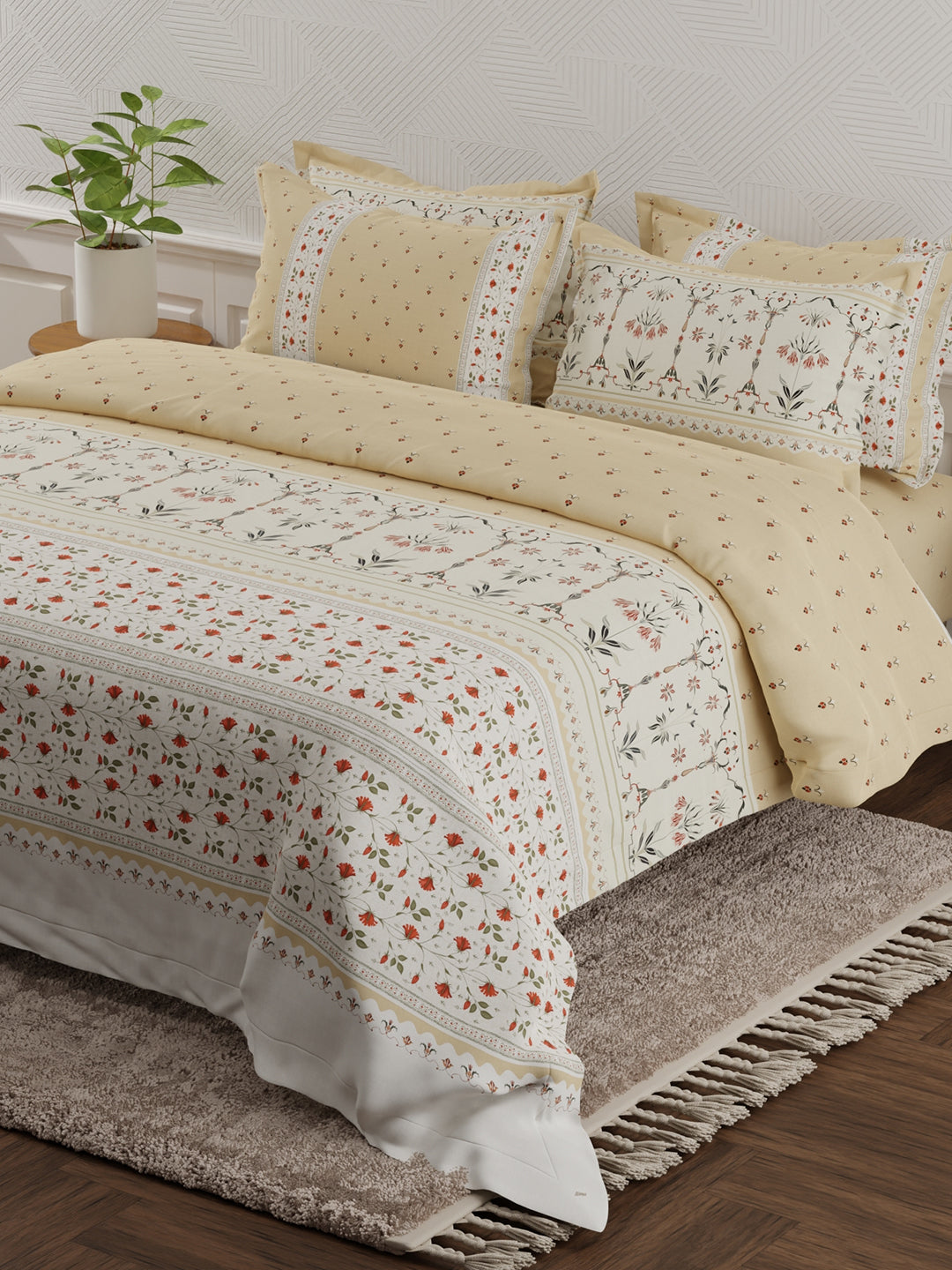Meenakari Design Prints | 100% Cotton 800 TC Beige Digitally Printed 1 Bedsheet and 4 Pillow Covers | Platinum Pulse Collection