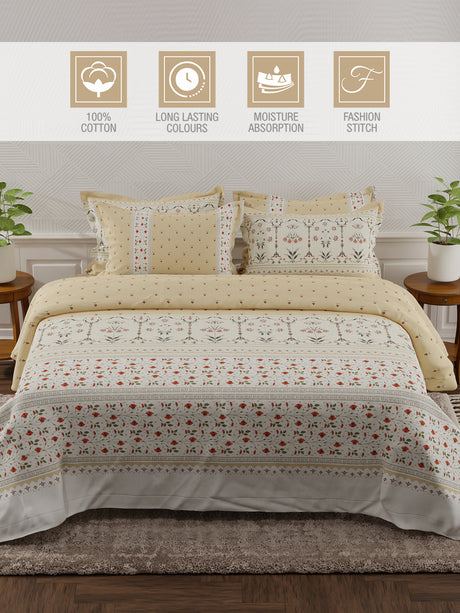 Meenakari Design Prints | 100% Cotton 800 TC Beige Digitally Printed 1 Bedsheet and 4 Pillow Covers | Platinum Pulse Collection