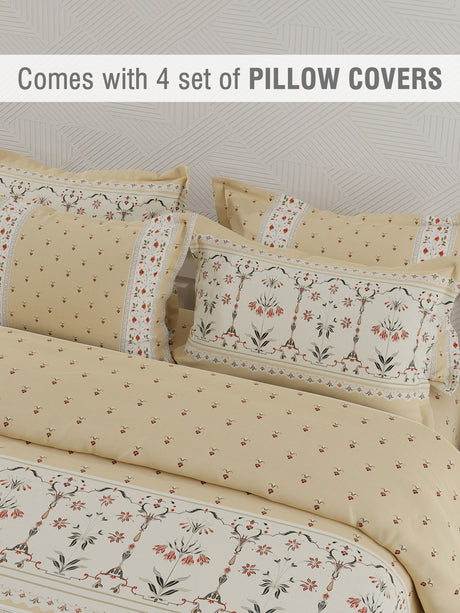 Meenakari Design Prints | 100% Cotton 800 TC Beige Digitally Printed 1 Bedsheet and 4 Pillow Covers | Platinum Pulse Collection