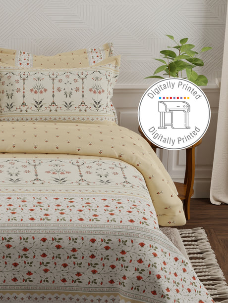 Meenakari Design Prints | 100% Cotton 800 TC Beige Digitally Printed 1 Bedsheet and 4 Pillow Covers | Platinum Pulse Collection
