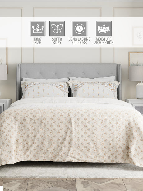 Gardenia Augusta 100% Cotton 300 TC White & Beige Digital Ethnic Print King Bedsheet with 2 Pillow Covers