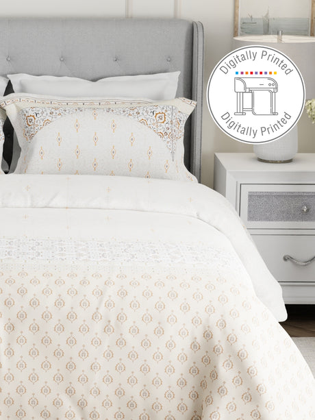 Gardenia Augusta 100% Cotton 300 TC White & Beige Digital Ethnic Print King Bedsheet with 2 Pillow Covers