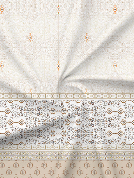 Gardenia Augusta 100% Cotton 300 TC White & Beige Digital Ethnic Print King Bedsheet with 2 Pillow Covers