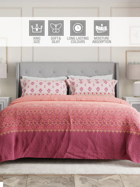 Gardenia Augusta 100% Cotton 300 TC Pink Digital Ethnic Print King Bedsheet with 2 Pillow Covers