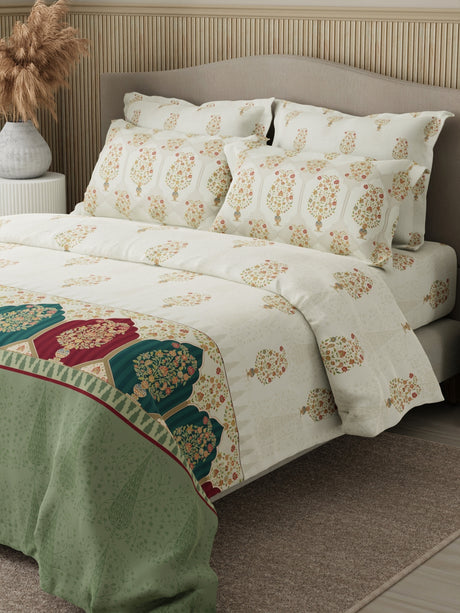Royal Essence 100% Cotton 400 TC White Digital Ethnic Print King Bedsheet with 4 Pillow Covers