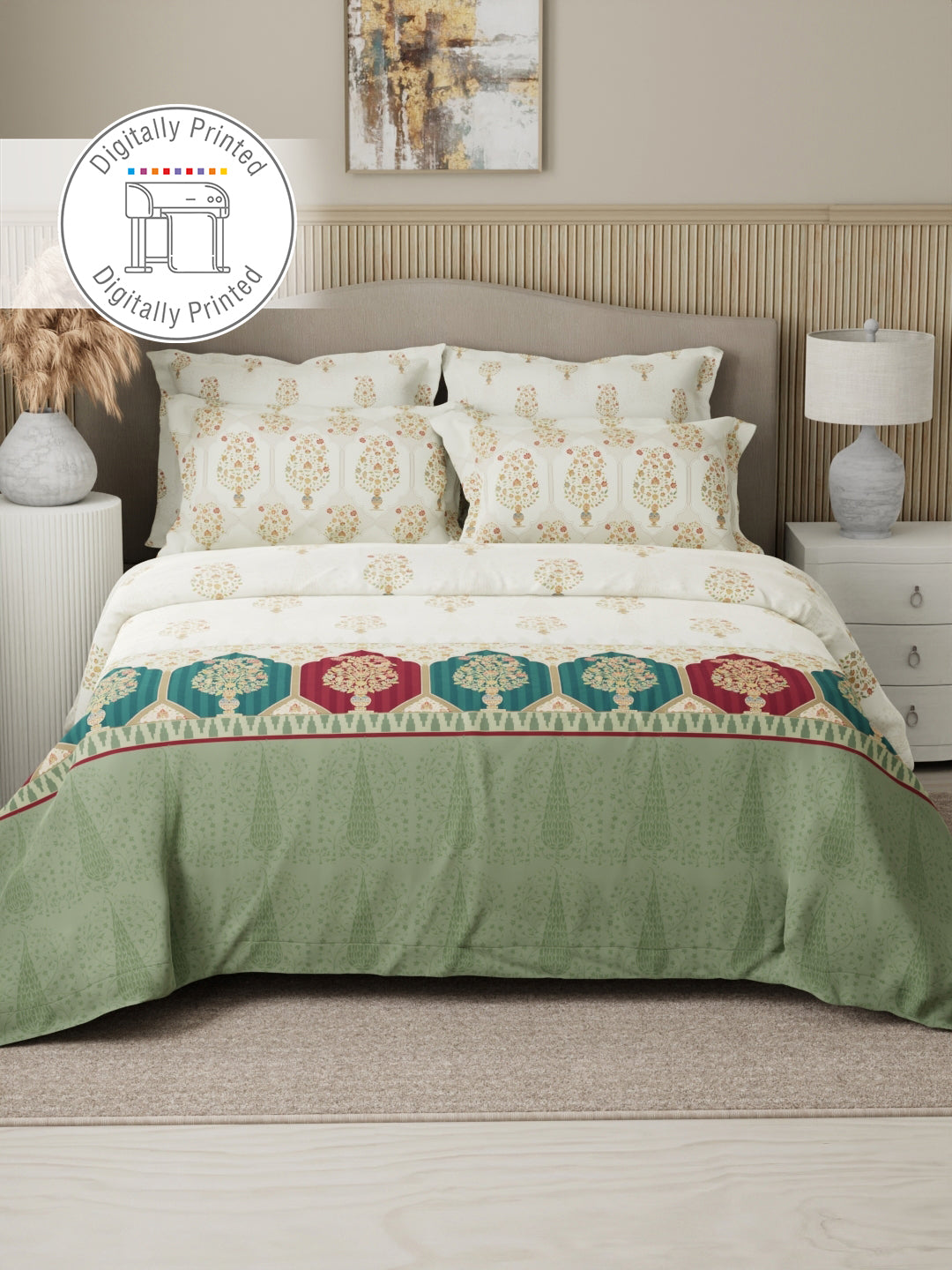 Royal Essence 100% Cotton 400 TC White Digital Ethnic Print King Bedsheet with 4 Pillow Covers