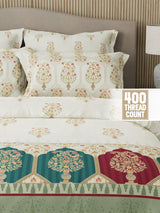 Royal Essence 100% Cotton 400 TC White Digital Ethnic Print King Bedsheet with 4 Pillow Covers
