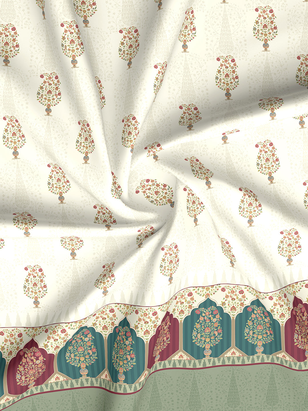 Royal Essence 100% Cotton 400 TC White Digital Ethnic Print King Bedsheet with 4 Pillow Covers