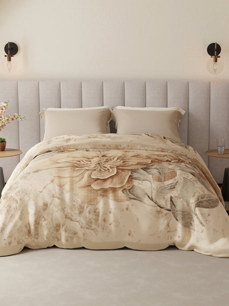 Platinum Pulse 1000 GSM Beige Floral Print 3 Ply Double Premium Mink Blanket (Size - 2.20 m x 2.40 m)