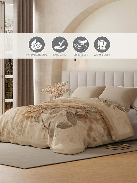 Platinum Pulse 1000 GSM Beige Floral Print 3 Ply Double Premium Mink Blanket (Size - 2.20 m x 2.40 m)