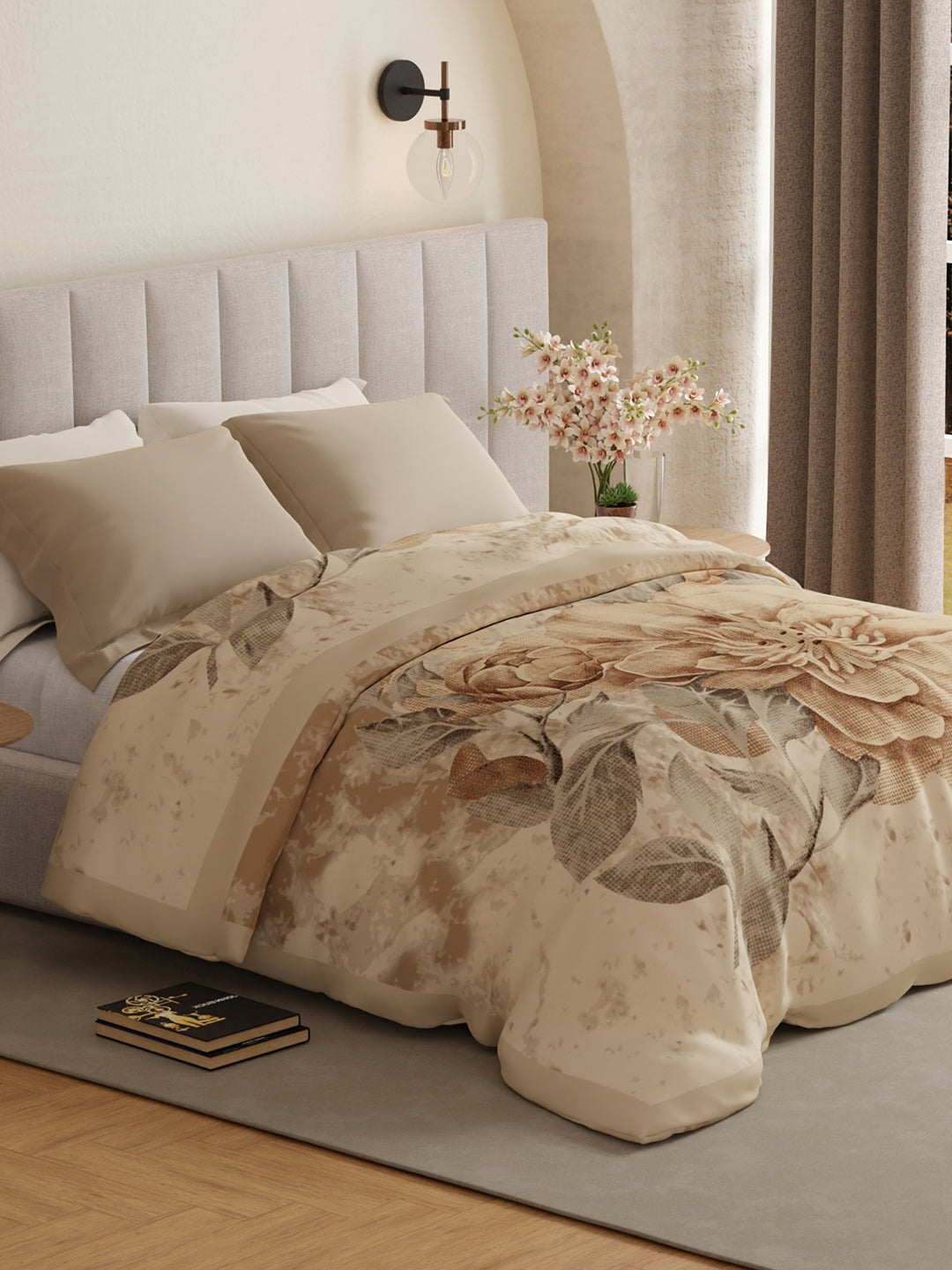 Platinum Pulse 1000 GSM Beige Floral Print 3 Ply Double Premium Mink Blanket (Size - 2.20 m x 2.40 m)