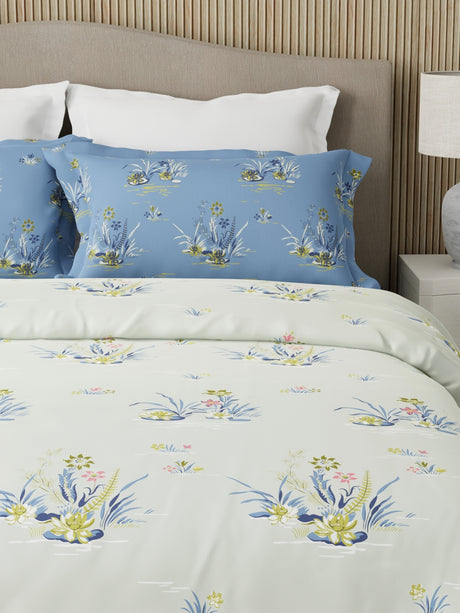Embrace 100% Cotton 152 TC White & Blue Floral Double Bedsheet with 2 Pillow Covers