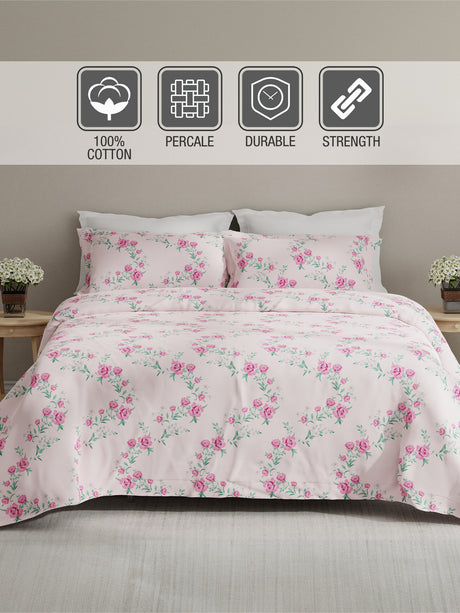 Embrace 100% Cotton 152 TC Pink Floral King Bedsheet with 2 Pillow Covers