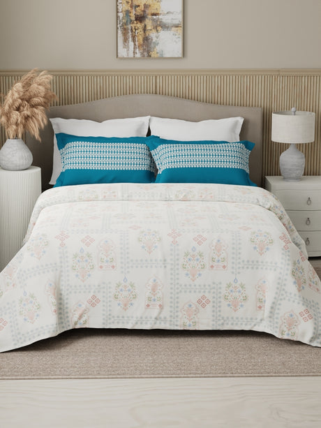 Valatia 100% Cotton 200 TC Karigari Printed Double Bedsheet with 2 Pillow Covers - Blue & White