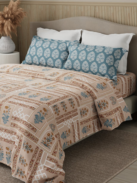 Valatia 100% Cotton 200 TC Karigari Printed Double Bedsheet with 2 Pillow Covers - Brown & Pink
