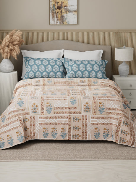Valatia 100% Cotton 200 TC Karigari Printed Double Bedsheet with 2 Pillow Covers - Brown & Pink