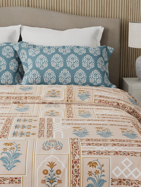 Valatia 100% Cotton 200 TC Karigari Printed Double Bedsheet with 2 Pillow Covers - Brown & Pink