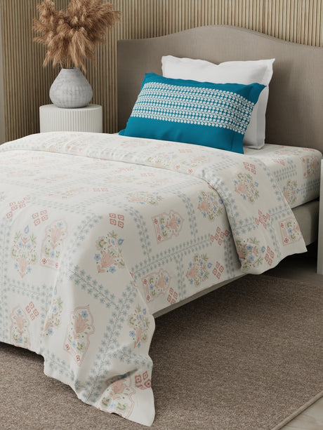 Valatia 100% Cotton 200 TC Karigari Printed Single Bedsheet with 1 Pillow Cover - Blue & White