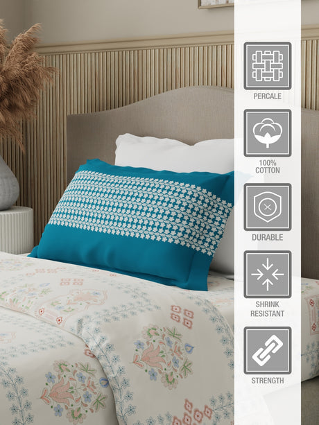 Valatia 100% Cotton 200 TC Karigari Printed Single Bedsheet with 1 Pillow Cover - Blue & White