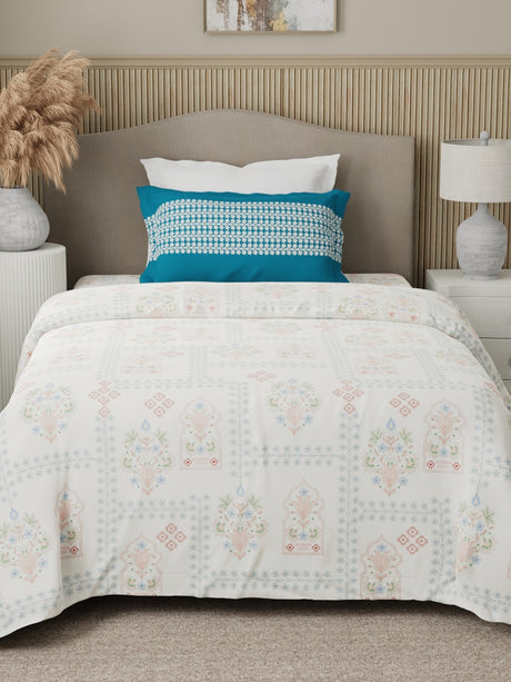 Valatia 100% Cotton 200 TC Karigari Printed Single Bedsheet with 1 Pillow Cover - Blue & White