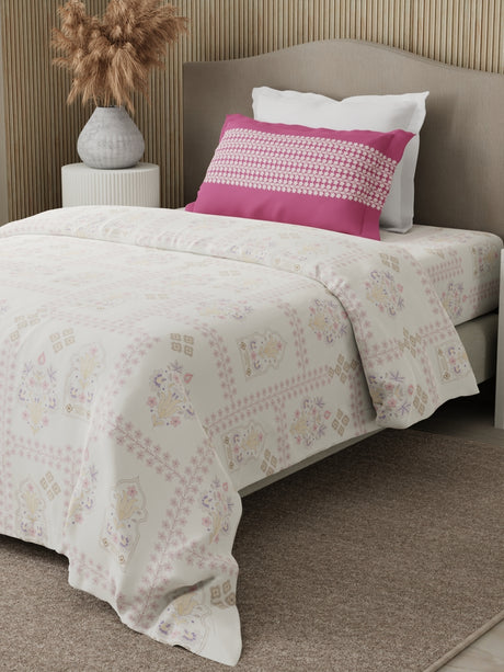 Valatia 100% Cotton 200 TC Karigari Printed Single Bedsheet with 1 Pillow Cover - Pink & White