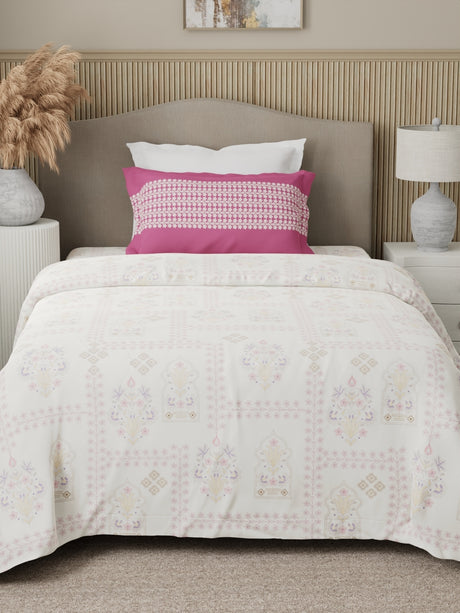 Valatia 100% Cotton 200 TC Karigari Printed Single Bedsheet with 1 Pillow Cover - Pink & White