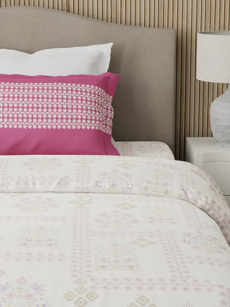 Valatia 100% Cotton 200 TC Karigari Printed Single Bedsheet with 1 Pillow Cover - Pink & White