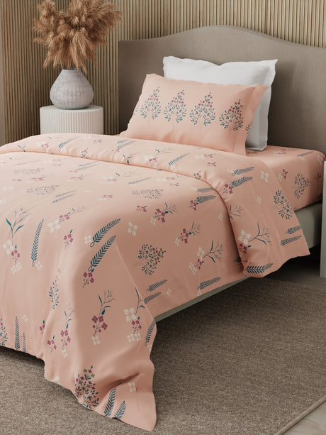 Valatia 100% Cotton 200 TC Karigari Printed Single Bedsheet with 1 Pillow Cover - Peach