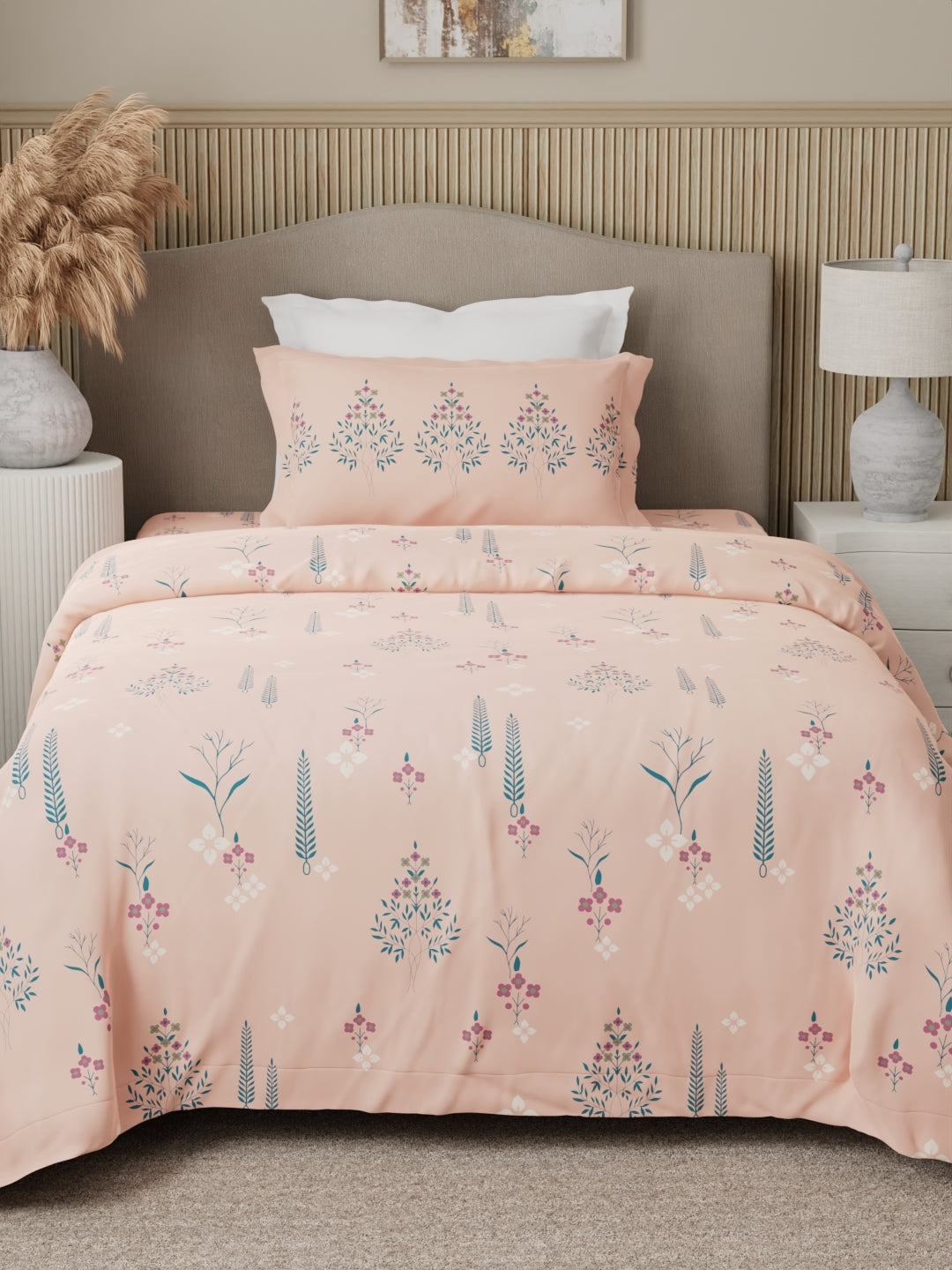 Valatia 100% Cotton 200 TC Karigari Printed Single Bedsheet with 1 Pillow Cover - Peach