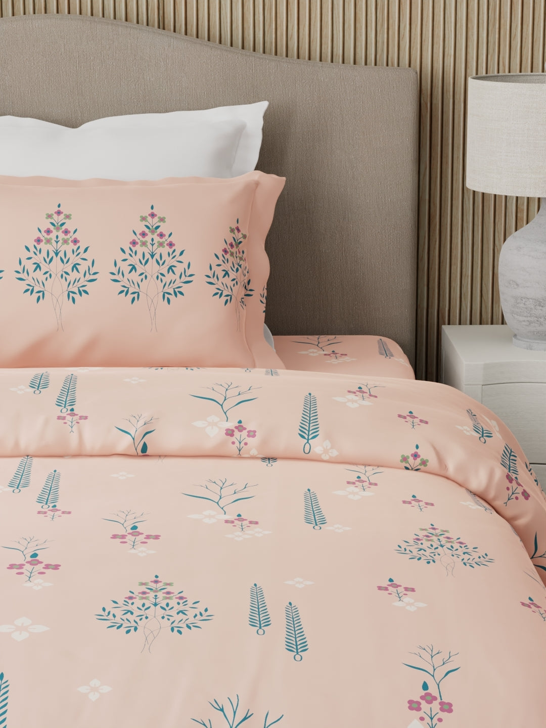 Valatia 100% Cotton 200 TC Karigari Printed Single Bedsheet with 1 Pillow Cover - Peach