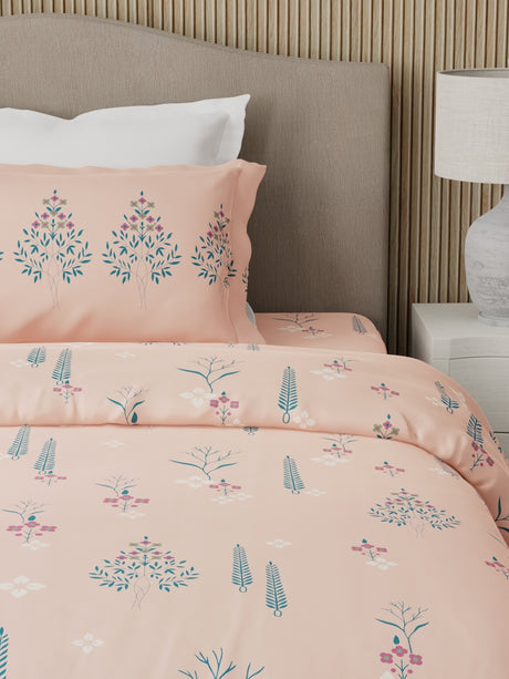 Valatia 100% Cotton 200 TC Karigari Printed Single Bedsheet with 1 Pillow Cover - Peach
