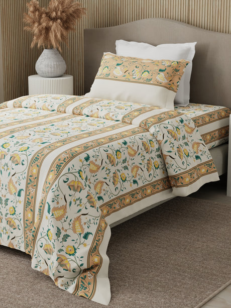 Valatia 100% Cotton 200 TC Karigari Printed Single Bedsheet with 1 Pillow Cover - Yellow & White