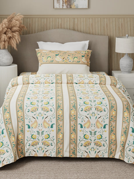 Valatia 100% Cotton 200 TC Karigari Printed Single Bedsheet with 1 Pillow Cover - Yellow & White
