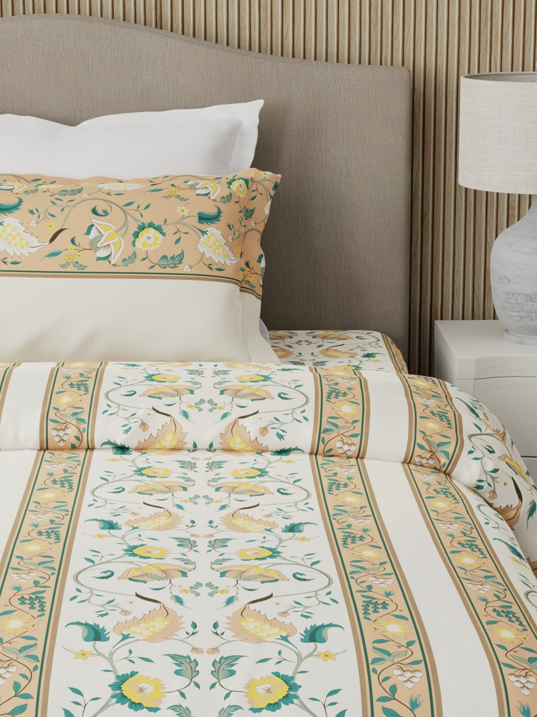 Valatia 100% Cotton 200 TC Karigari Printed Single Bedsheet with 1 Pillow Cover - Yellow & White