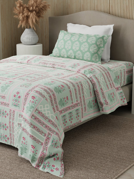 Valatia 100% Cotton 200 TC Karigari Printed Single Bedsheet with 1 Pillow Cover - Green & Pink