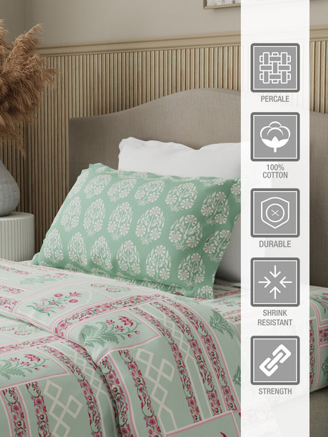 Valatia 100% Cotton 200 TC Karigari Printed Single Bedsheet with 1 Pillow Cover - Green & Pink