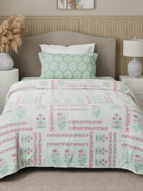 Valatia 100% Cotton 200 TC Karigari Printed Single Bedsheet with 1 Pillow Cover - Green & Pink
