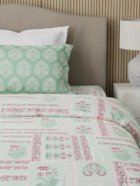 Valatia 100% Cotton 200 TC Karigari Printed Single Bedsheet with 1 Pillow Cover - Green & Pink
