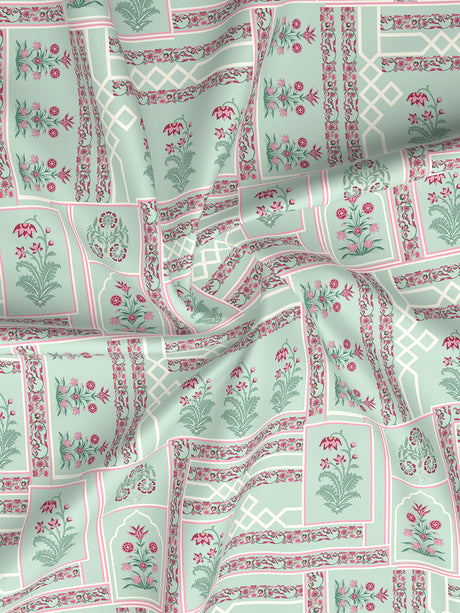 Valatia 100% Cotton 200 TC Karigari Printed Single Bedsheet with 1 Pillow Cover - Green & Pink
