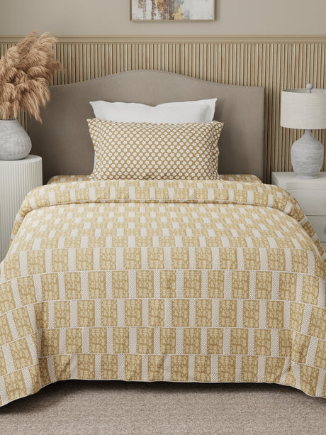 Valatia 100% Cotton 200 TC Karigari Printed Single Bedsheet with 1 Pillow Cover - Beige
