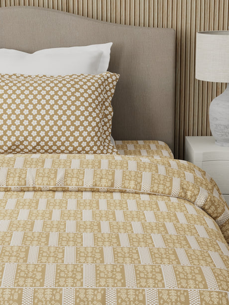 Valatia 100% Cotton 200 TC Karigari Printed Single Bedsheet with 1 Pillow Cover - Beige