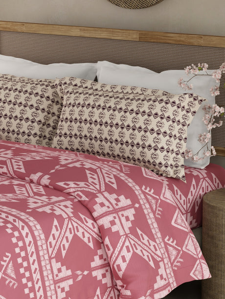 Valatia Gypsy 100% Cotton 200 TC Ethnic Printed King Bedsheet with 2 Pillow Covers - Pink & White