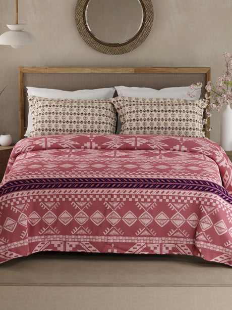 Valatia Gypsy 100% Cotton 200 TC Ethnic Printed King Bedsheet with 2 Pillow Covers - Pink & White
